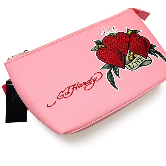 NWT ED HARDY Pink LOVE Heart Rhinestone Cosmetic Bag Toiletry Travel Makeup Pouc - Picture 1 of 7